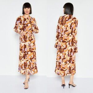 Monki Abstract Brown Lilac Button-Up Midi Shirt Dress Sz 12 Artsy Retro Mod